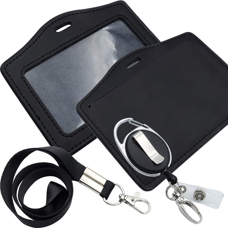 HoAoOo ID Card Case + Lanyard + Badge Holder Retractable Reel Carabiner and Plastic Clip (Genuine Leather Horizontal Black) - Image 4